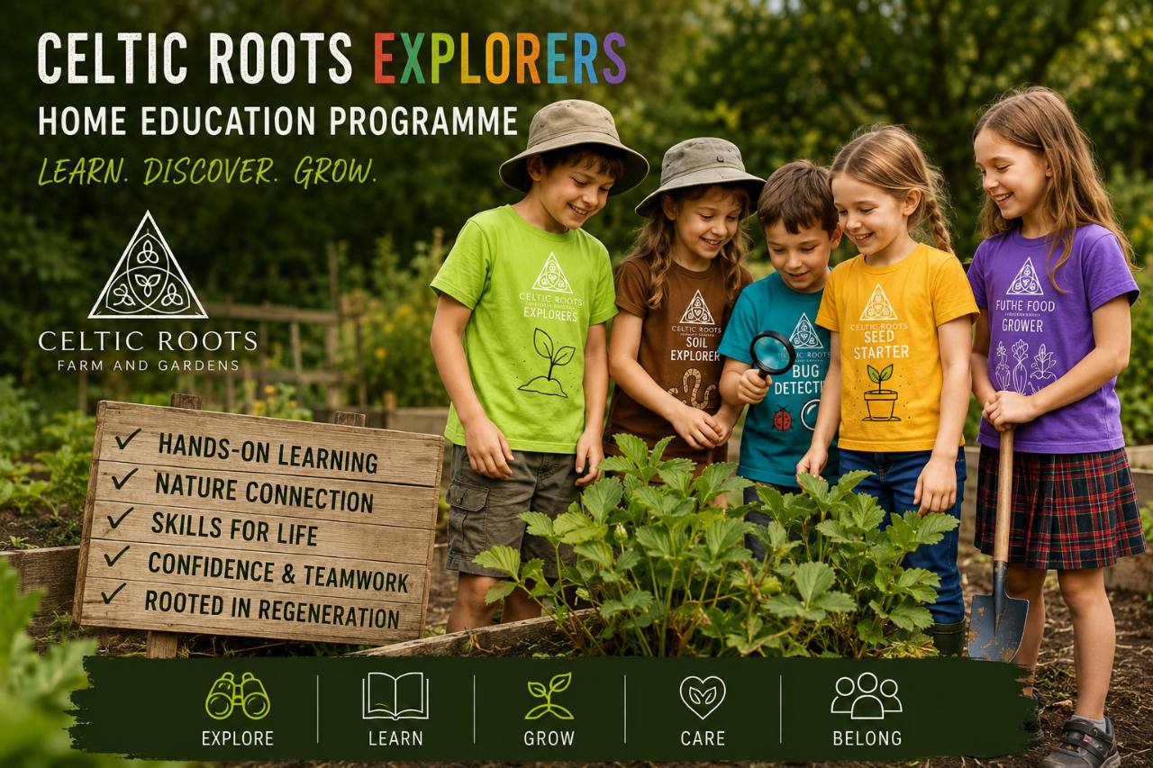 Celtic Roots Explorers home education programme, with children learning together in a garden through hands-on learning, nature connection, teamwork and regenerative growing.